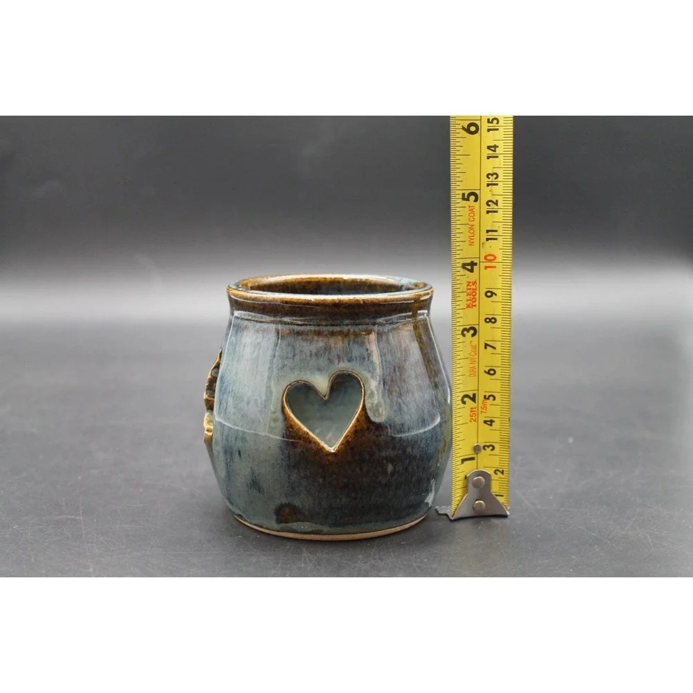 Handmade Pottery Luminary Candle Holder Blue Brown Glazed Tree Heart Cutouts